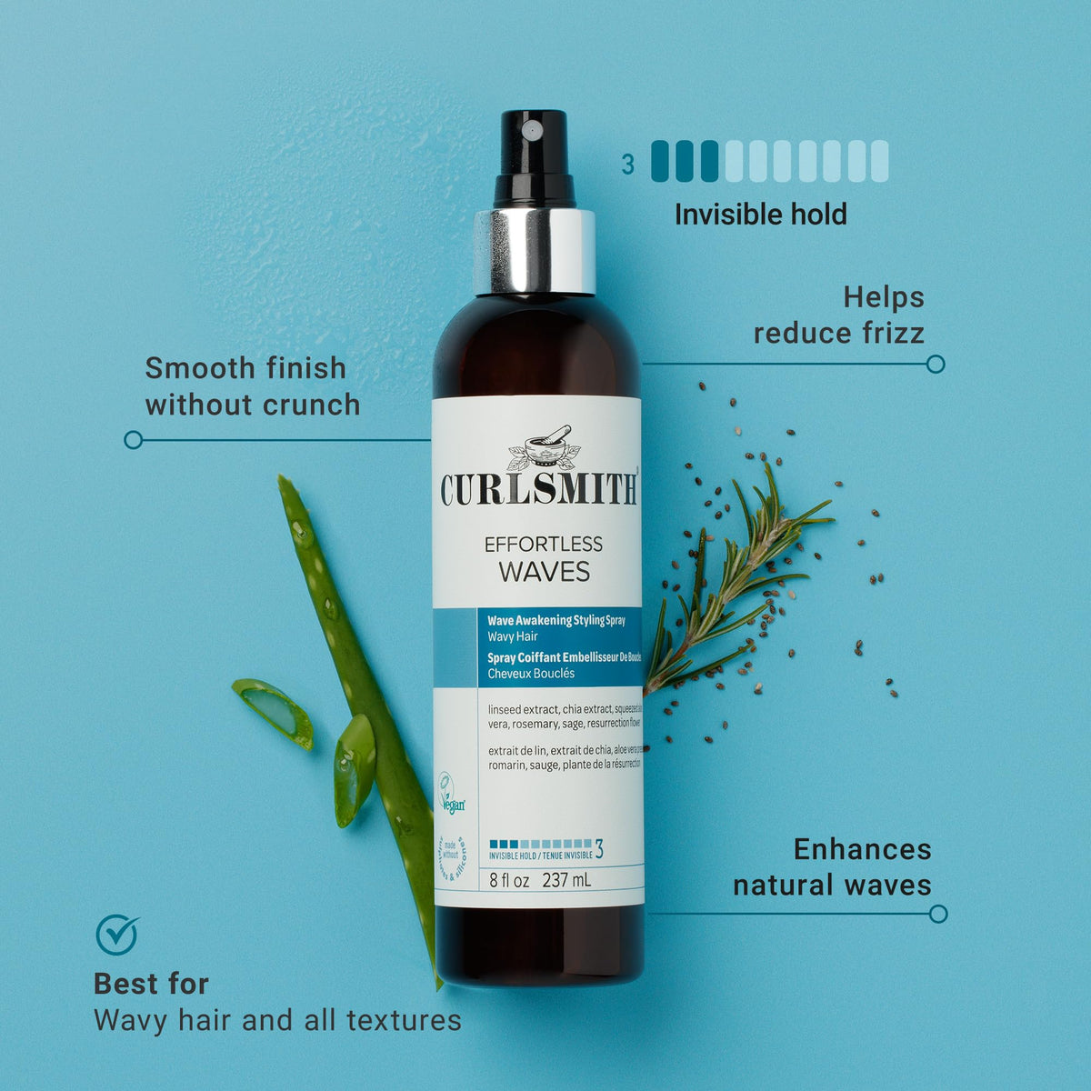 CURLSMITH fine mist spraying from nozzle, demonstrates even lightweight coverage