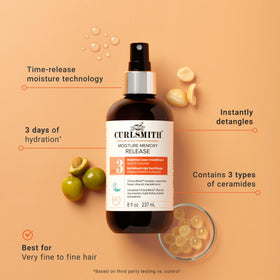CURLSMITH milky spray texture on hand illustrating lightweight hydration without weight