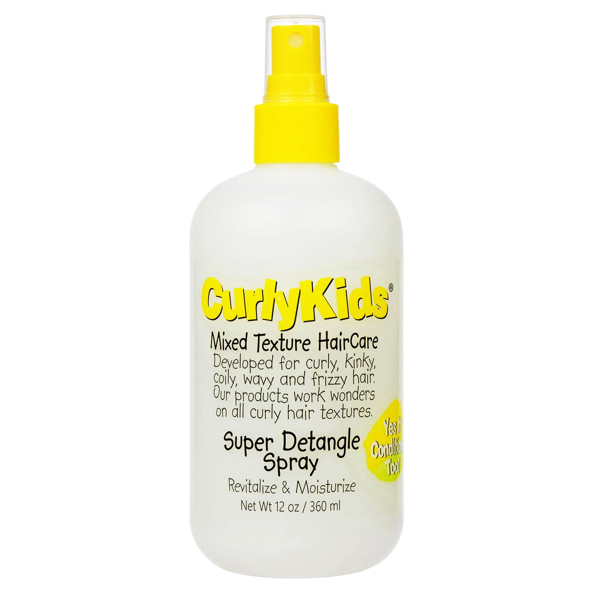 CurlyKids front packaging showing 12oz bottle and easy-spray design benefit easier styling