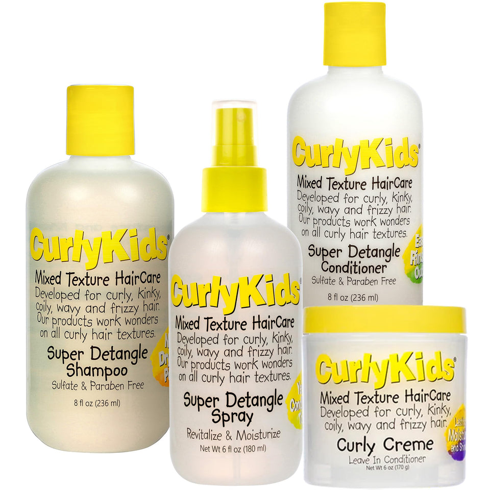 CurlyKids front packaging showing full four-piece set and benefits