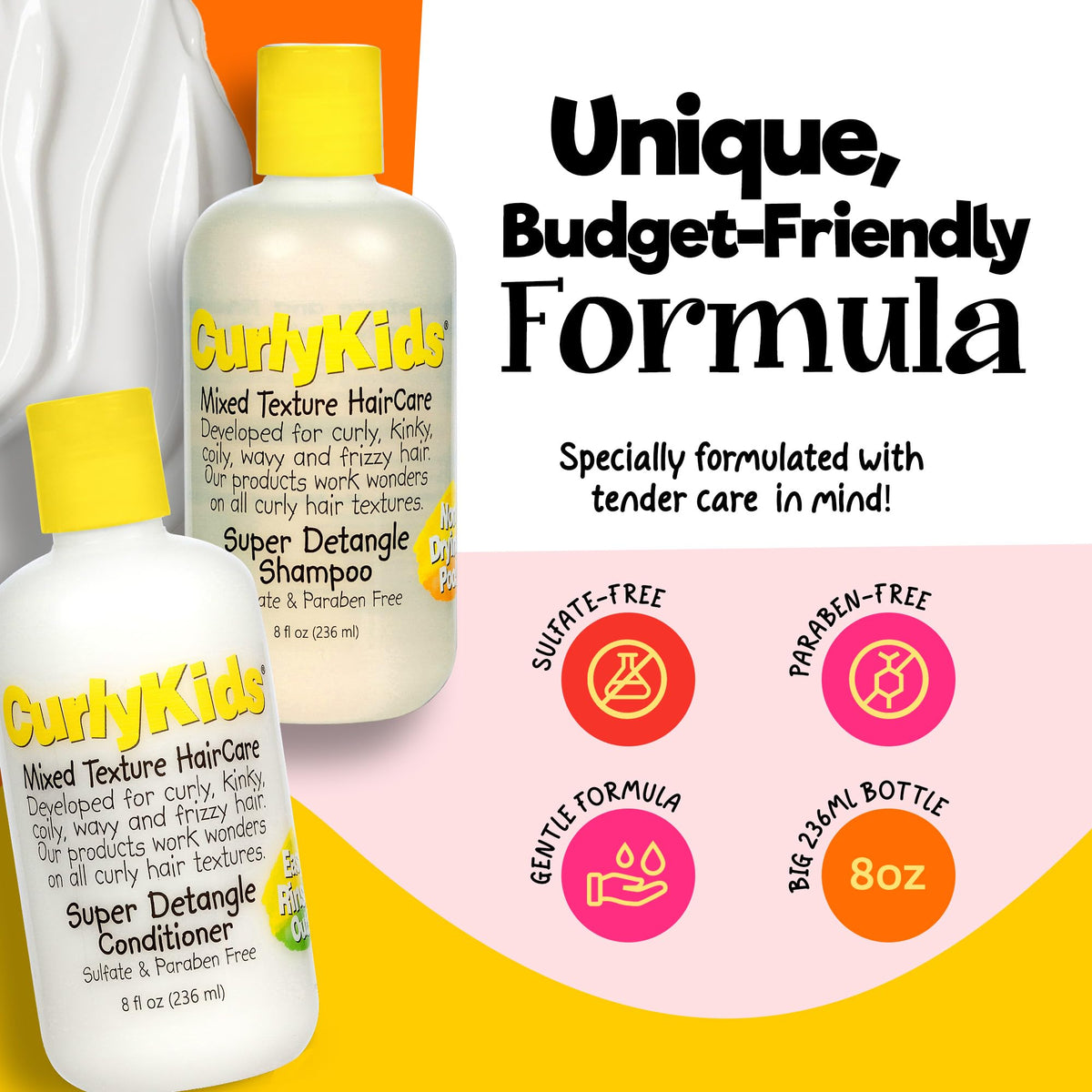 CurlyKids shampoo being poured showing gentle low-foam cleansing