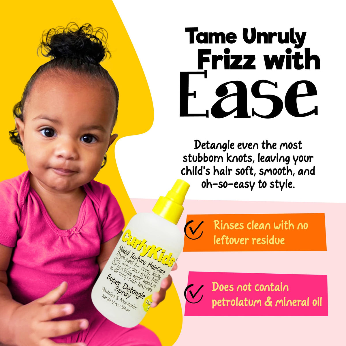 CurlyKids bottle in hand for scale indicating travel-friendly 12oz size benefit