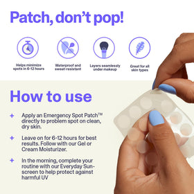 Curology emergency spot patch on fingertip showing discreet targeted blemish support