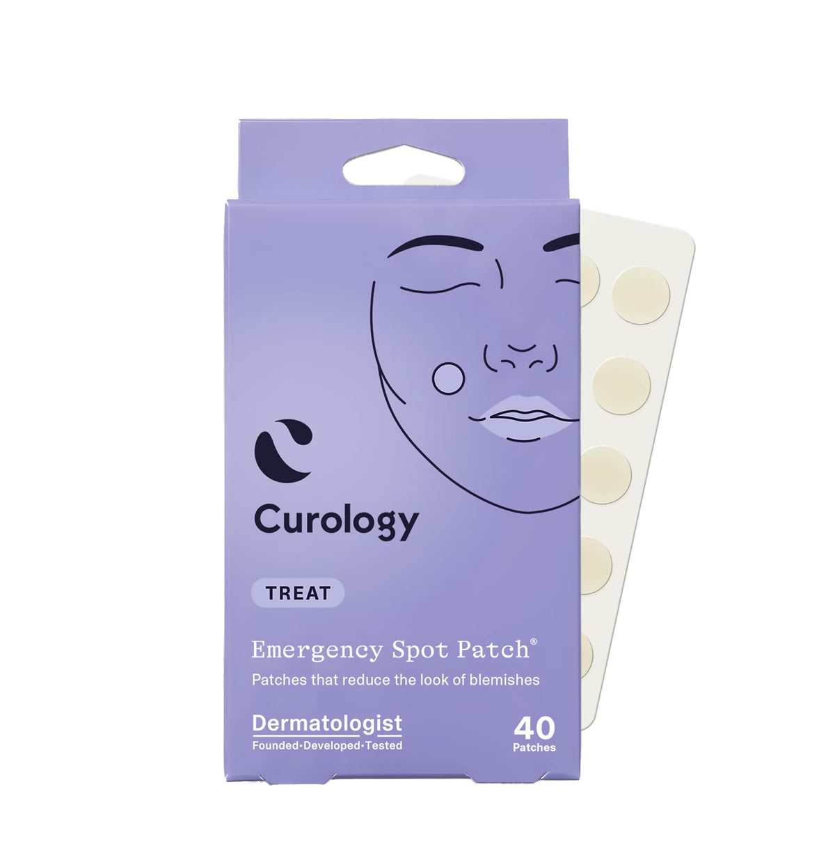 Curology front packaging showing 40 hydrocolloid patches and clear branding benefit concealment