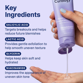 Curology product label with ingredient list visible, showing salicylic and lactic acid benefits