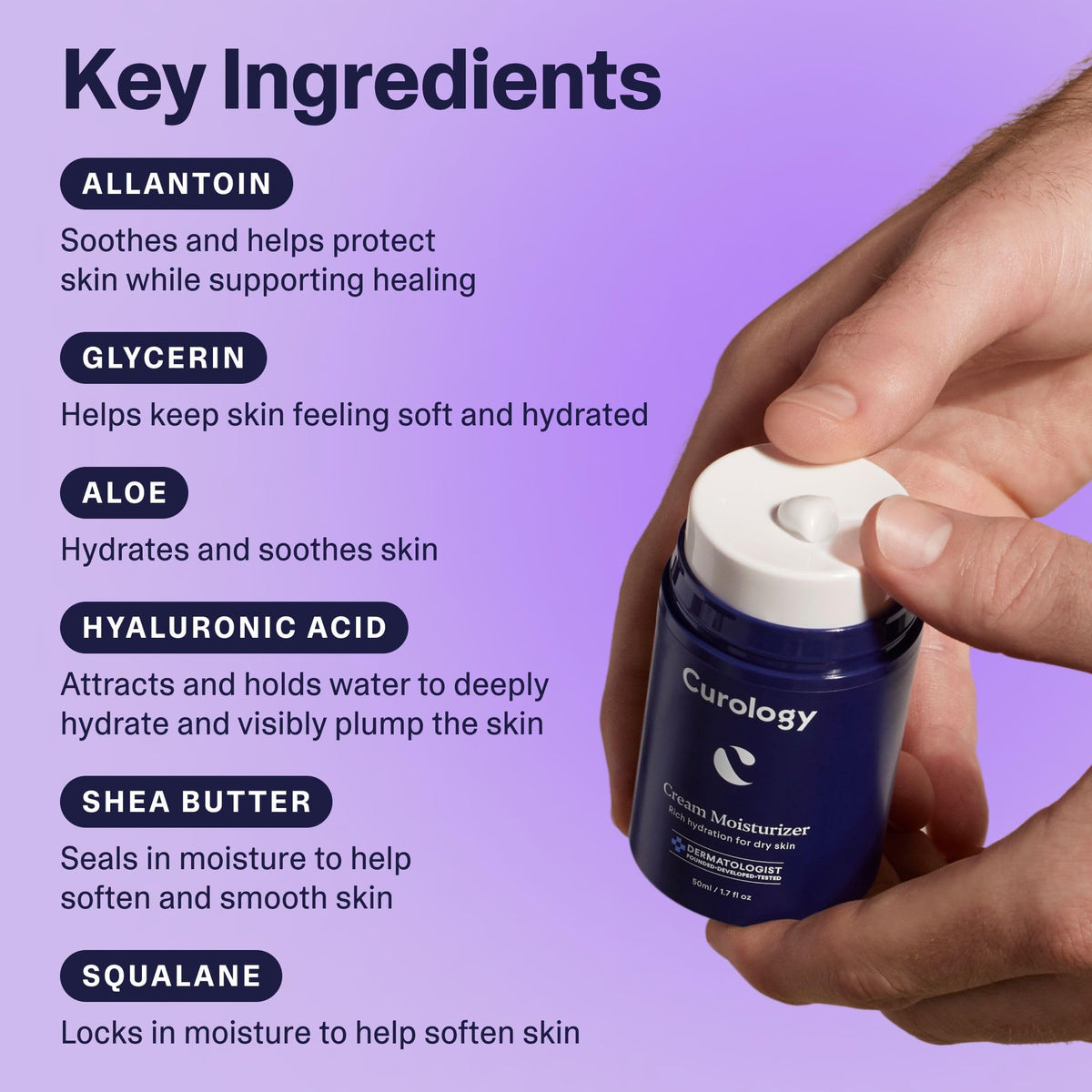 Curology shea butter and hyaluronic acid ingredient focus emphasizing moisture retention