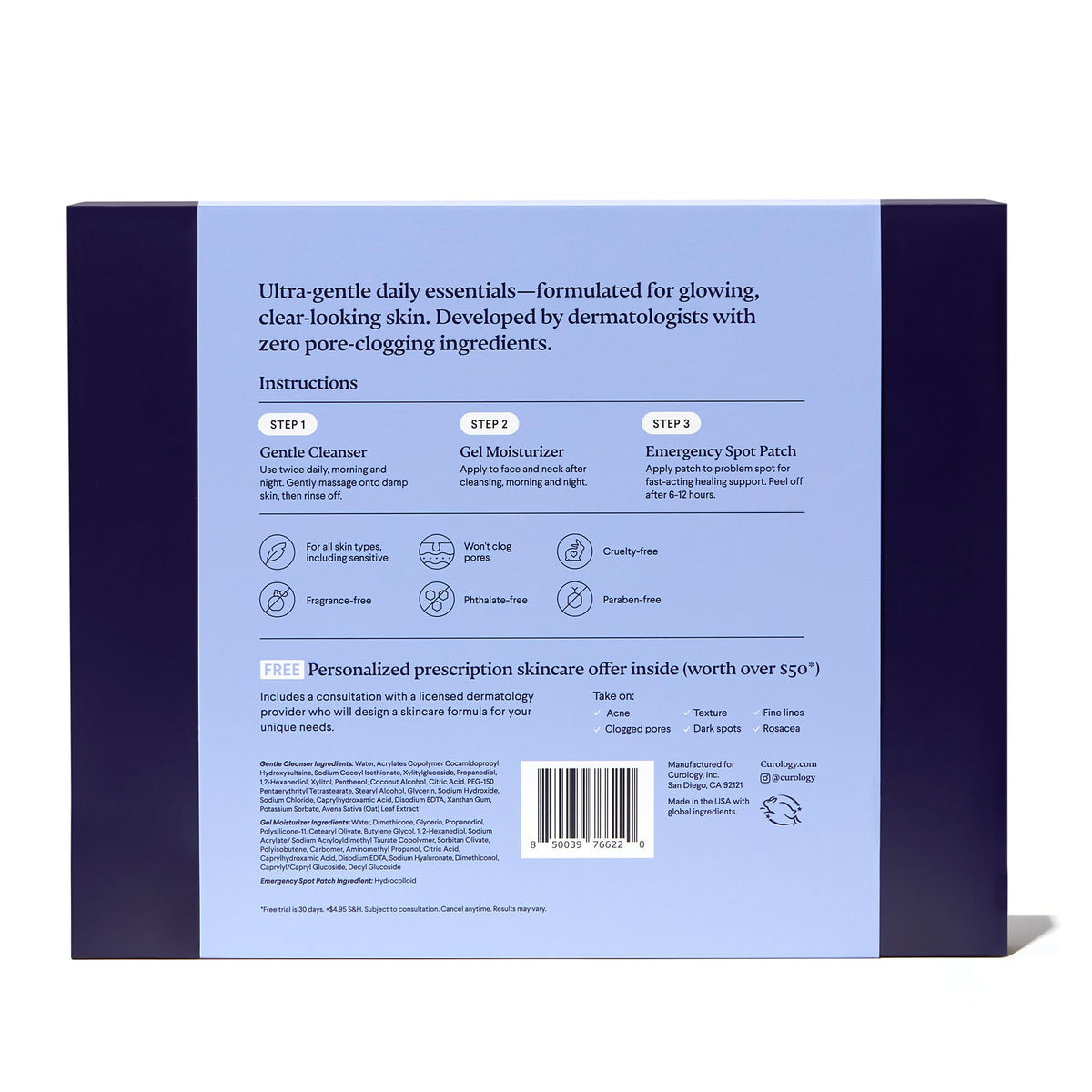 Curology product labels close-up highlighting dermatologist-tested, fragrance-free formulation
