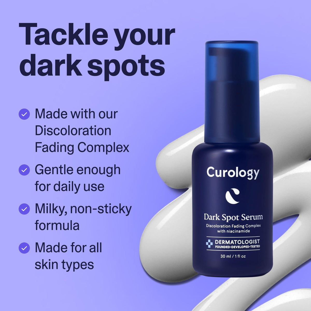Curology label with ingredient list visible, emphasizes niacinamide benefit