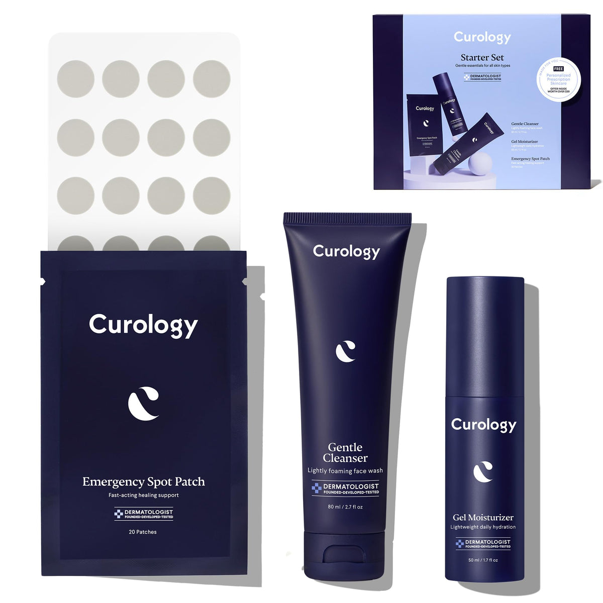 Curology starter set front packaging showing full kit and convenience benefits