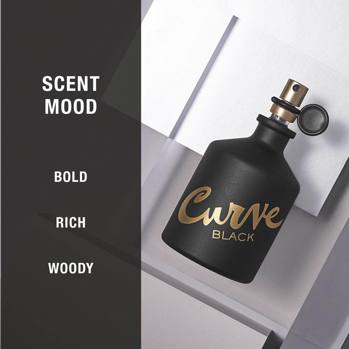 Atomizer spray releasing mist from Curve Black for easy, even application