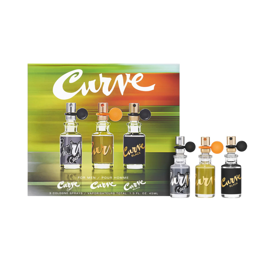 Curve three-bottle gift box showing compact travel-ready set and ready-to-gift presentation