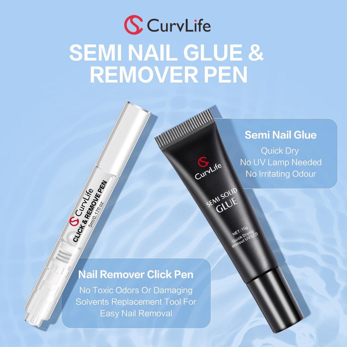 CurvLife application demo placing a press-on nail with quick-setting gel for quick results