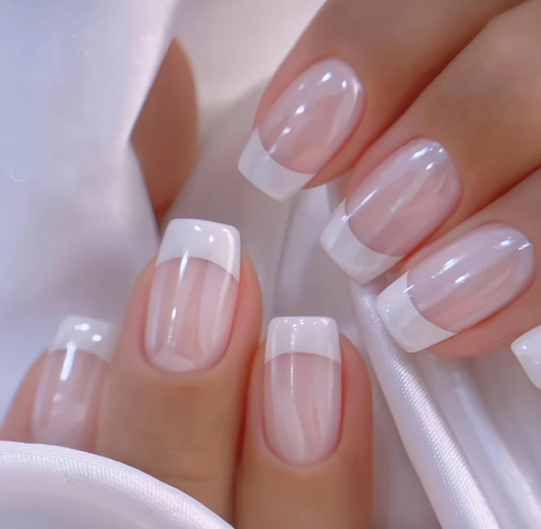 CurvLife apricot short square nails front view showing glossy salon finish