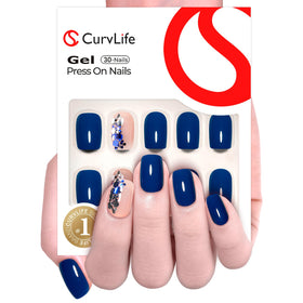 CurvLife close-up of deep blue soft-gel polish finish highlighting durable shine