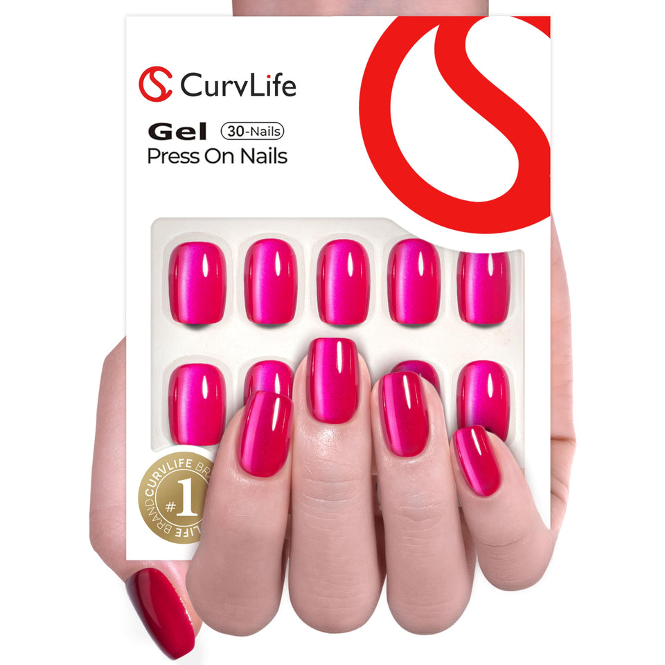 CurvLife front packaging showing apricot and chrome hot-pink nails and kit benefits
