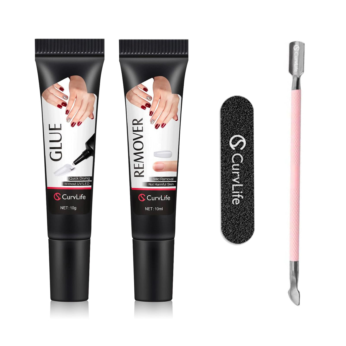 CurvLife front packaging bundle showing glue and remover for convenient use