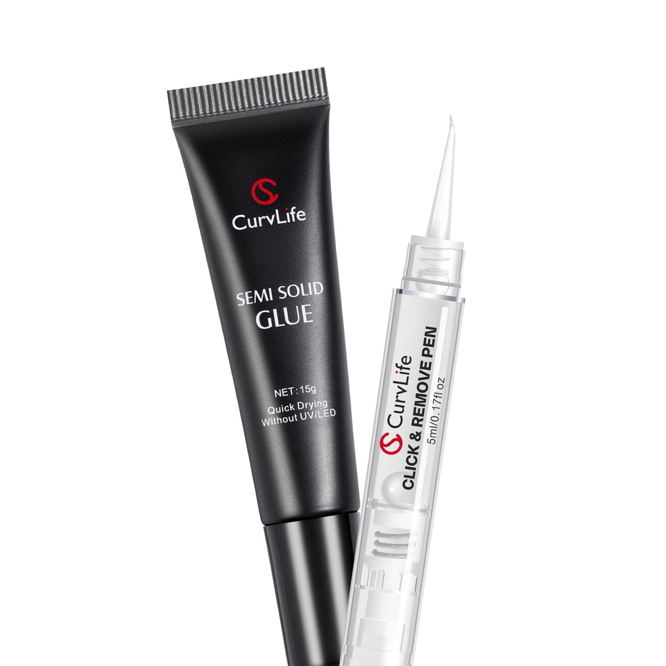 CurvLife front packaging bundle showing glue gel and remover pen for strong hold
