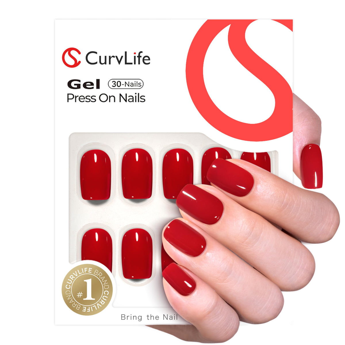 CurvLife front packaging showing clear red oval nails and kit benefits