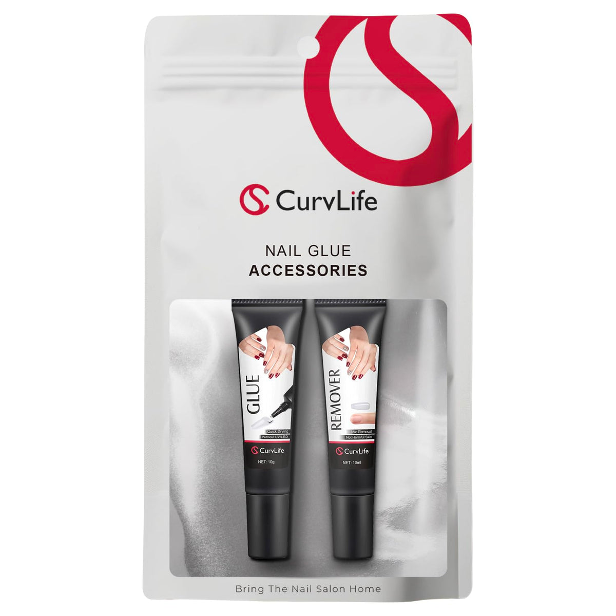 CurvLife front packaging showing glue, remover and cuticle pusher for complete convenience