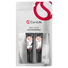 CurvLife front packaging showing glue, remover and cuticle pusher for complete convenience
