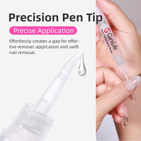 CurvLife pen in use on press-on nail demonstrating gentle, targeted debonding
