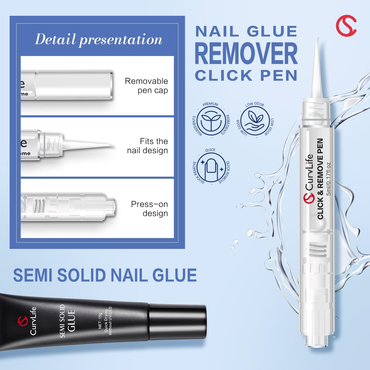 CurvLife remover pen tip detail showing click-and-remove design for targeted lifting