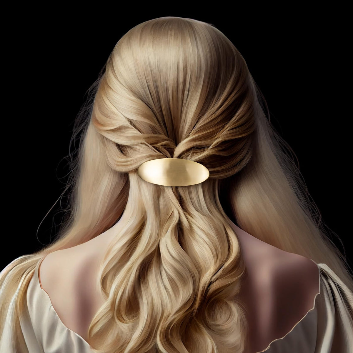 CustomyLife barrette holding long hair in a half-up style for tidy, polished look