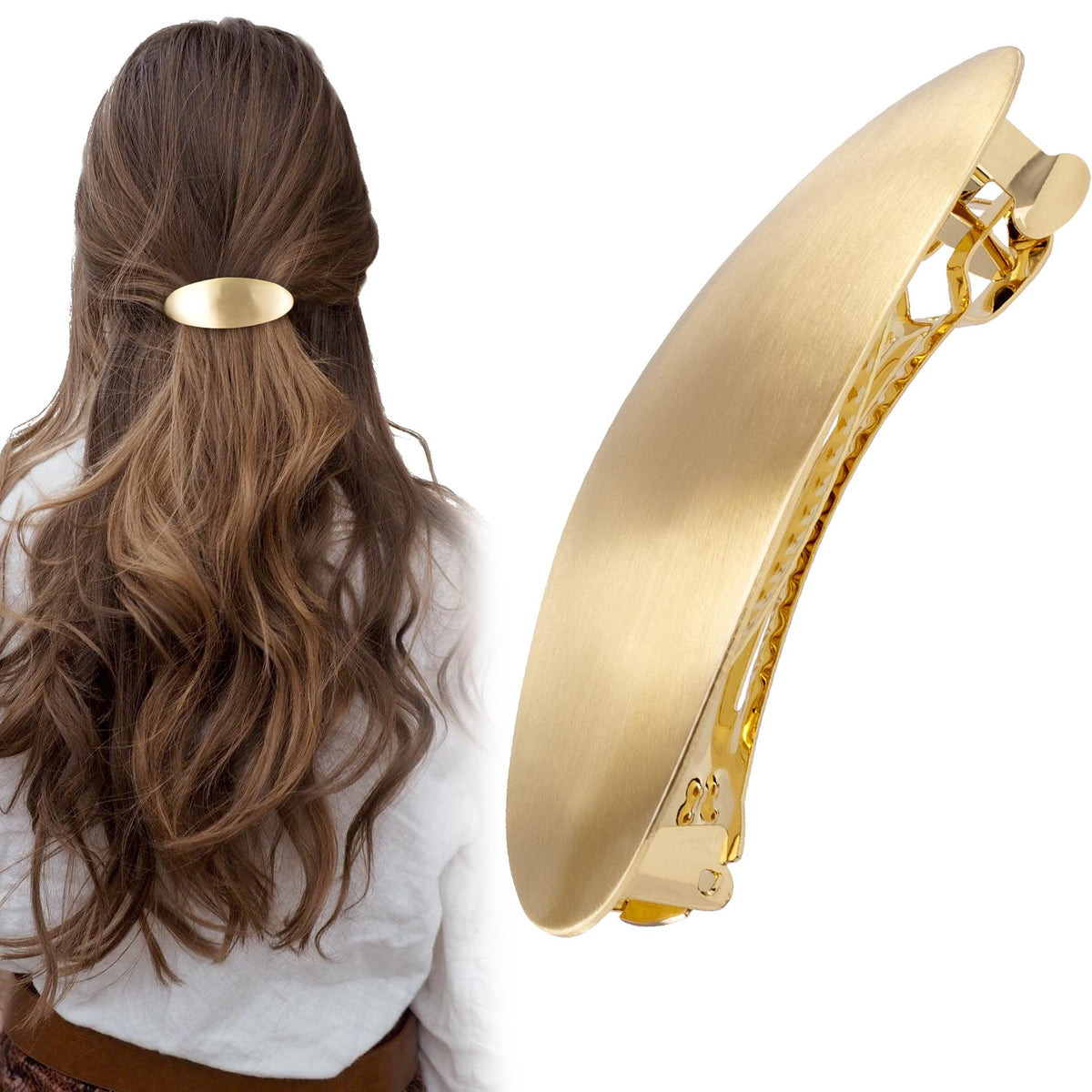 CustomyLife gold oval barrette front view showing elegant finish and secure hold