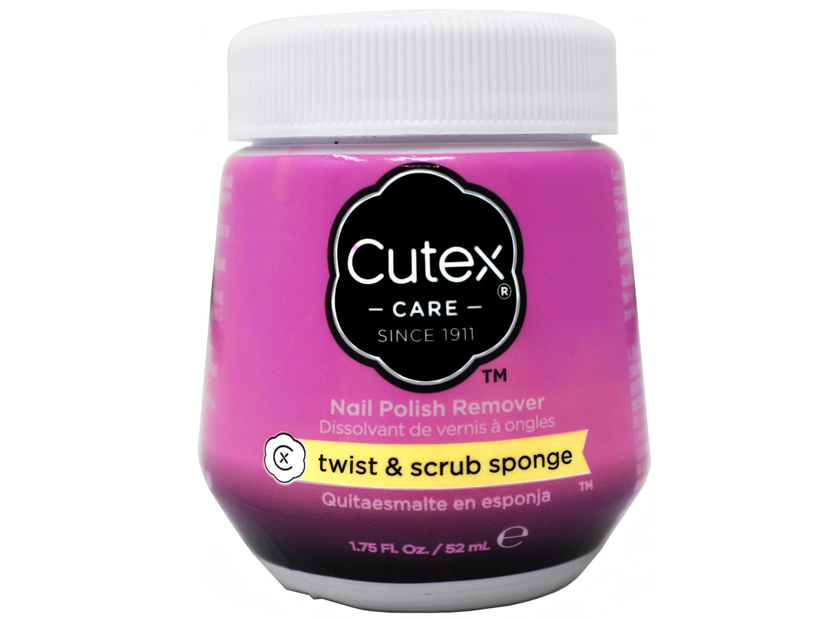 Cutex bottle opened to reveal the saturated sponge head for no-mess polish removal