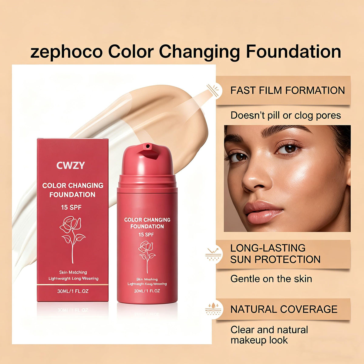 CWZY multiple swatches on forearm illustrating adaptive shade matching