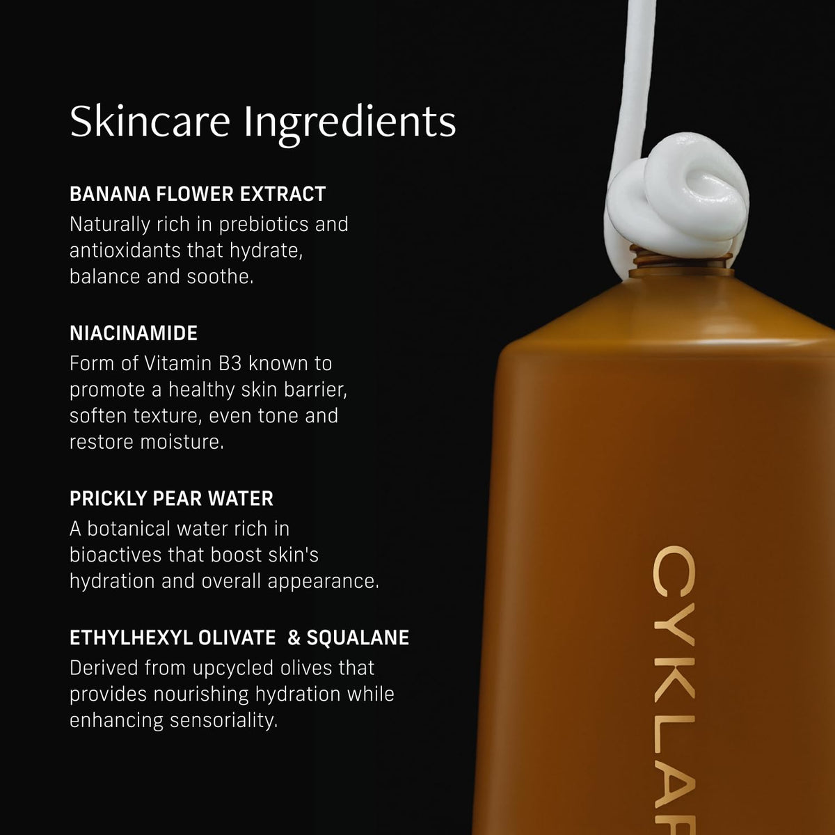 CYKLAR ingredients display with banana flower and squalane demonstrating natural support