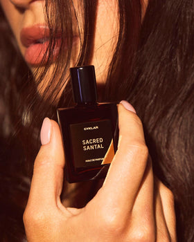 CYKLAR Sacred Santal ingredients visual with bergamot and amber accents