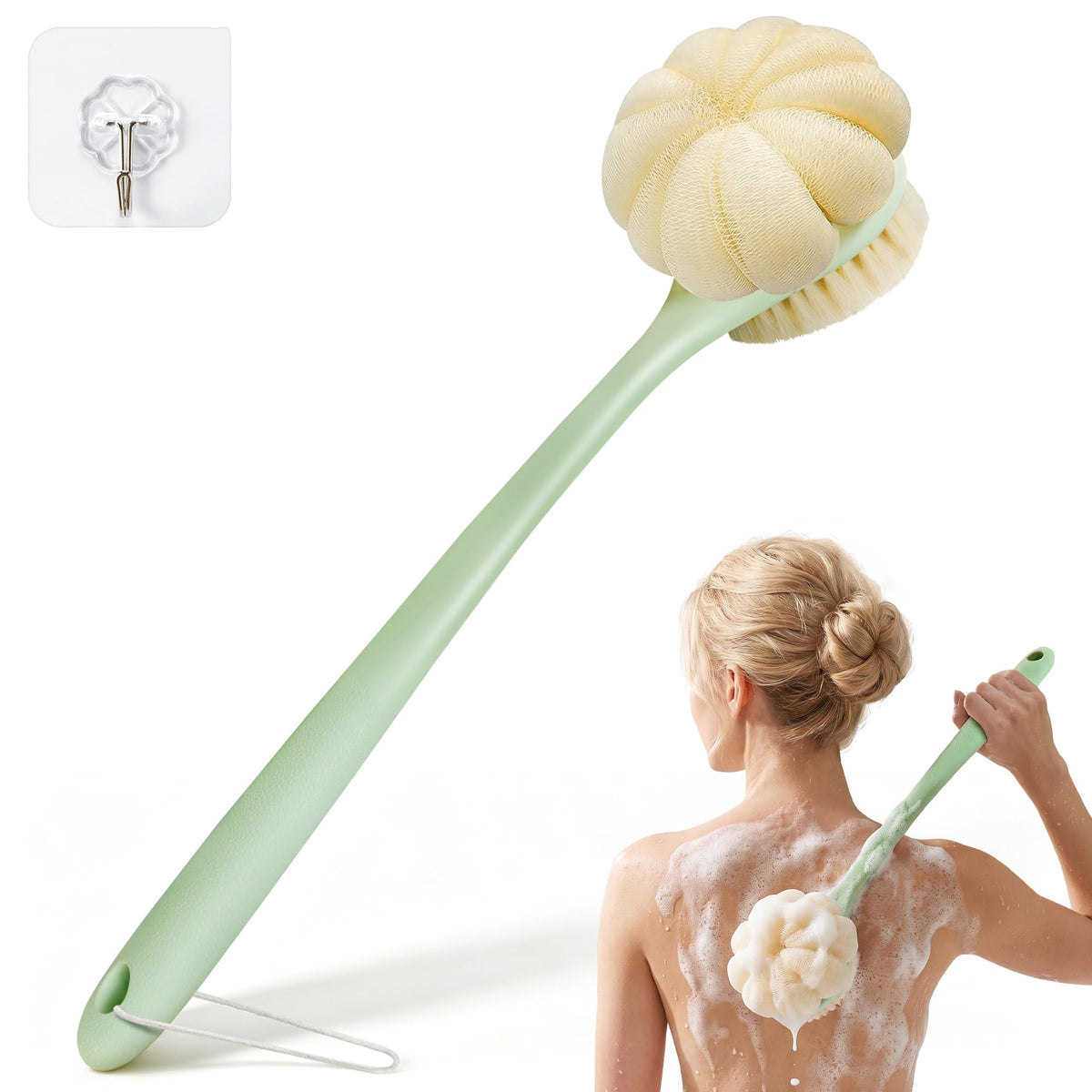 CYMPHW front view of the back scrubber showing dual-sided head and handle advantage