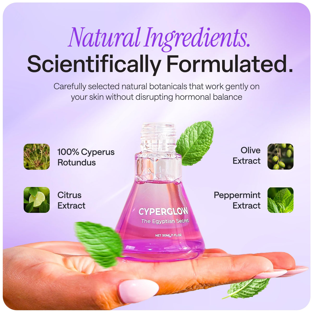 CYPERGLOW bottle held in hand showing size and travel-friendly benefit