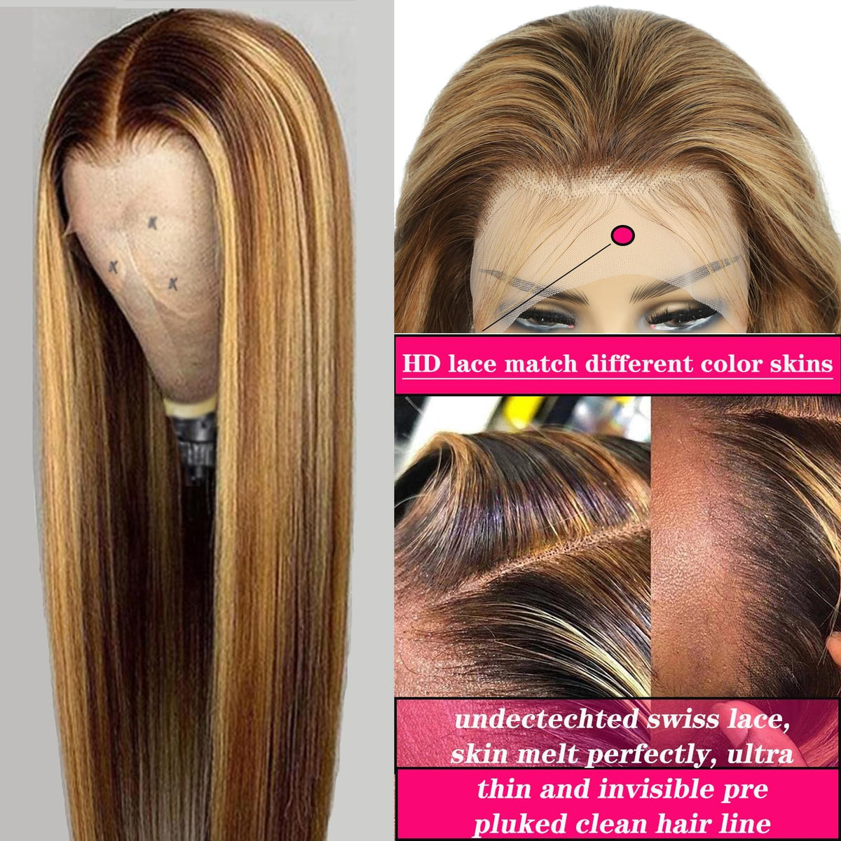 Cypha lifestyle photo of model wearing ombré 4/27 honey-blonde wig demonstrating natural hairline