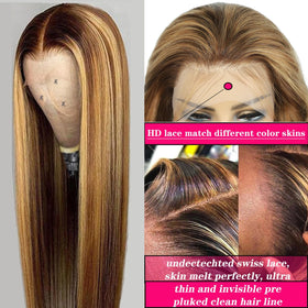 Cypha lifestyle photo of model wearing ombré 4/27 honey-blonde wig demonstrating natural hairline