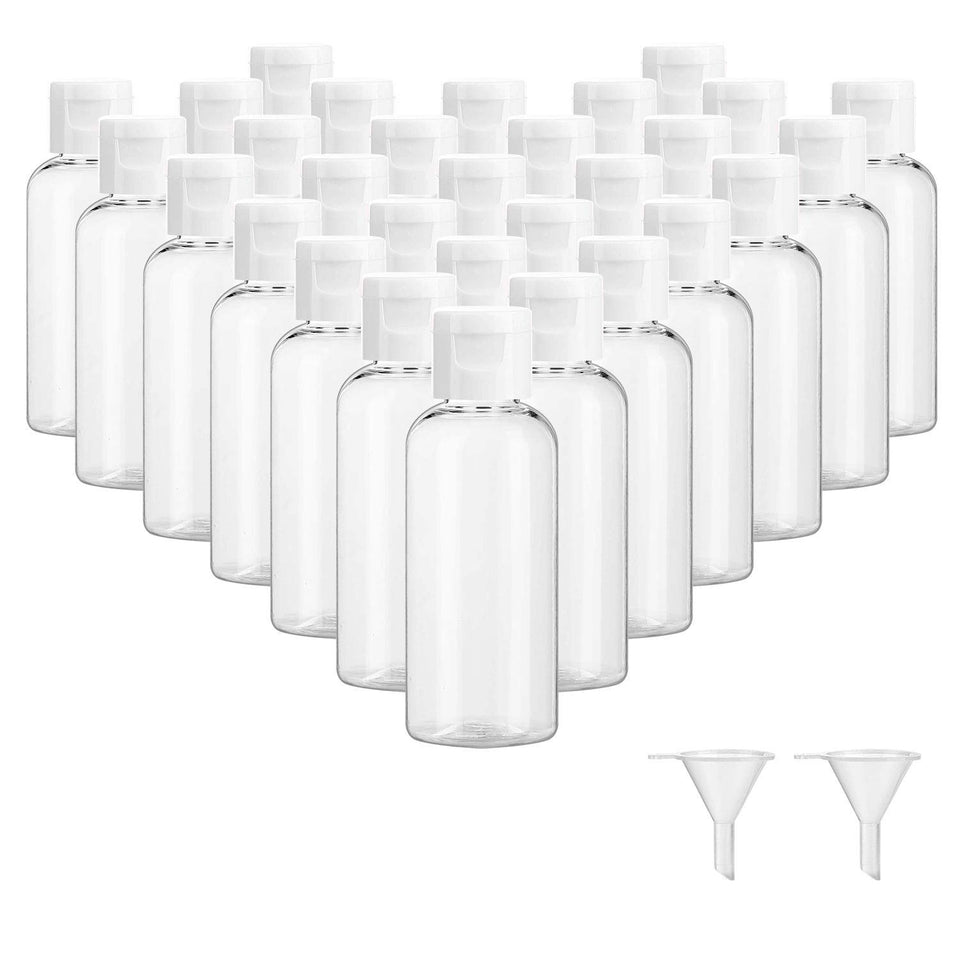 Dabacc front view of 30 clear bottles showing organized travel storage benefit