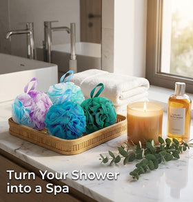 DadyMart pouf hanging in shower showing everyday in-shower convenience