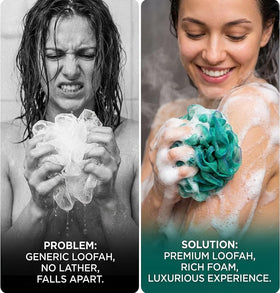 DadyMart dense lather on pouf demonstrating rich foam with minimal soap