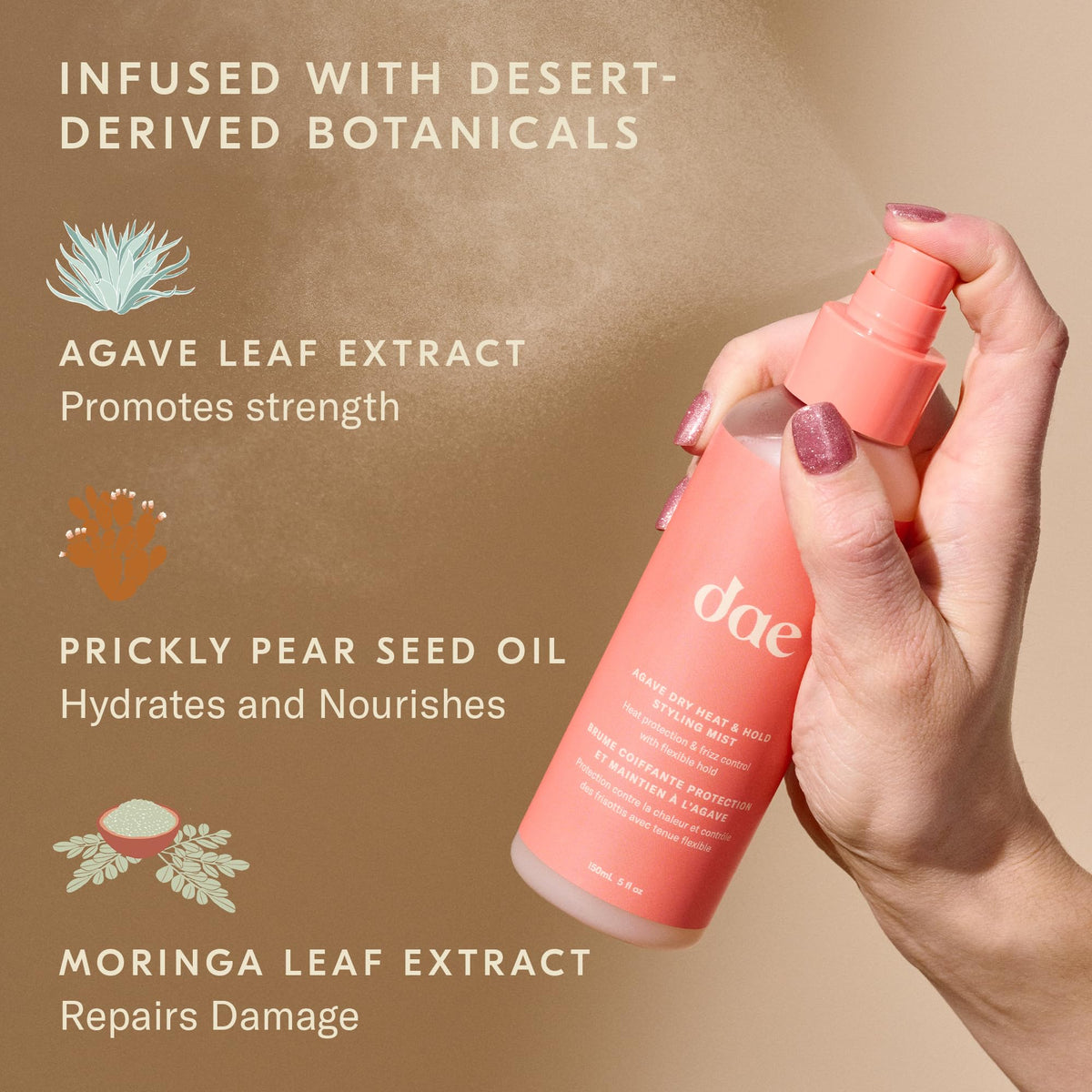DAE spray nozzle close-up showing ultra-fine mist for even heat defense