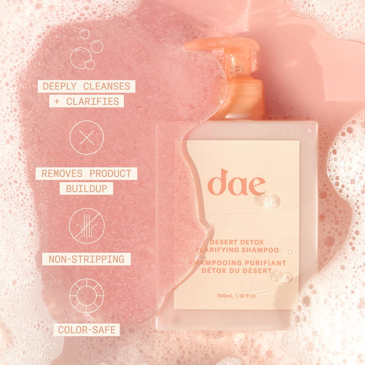 DAE Desert Detox shampoo lathering in hand demonstrates quick foam and cleanse