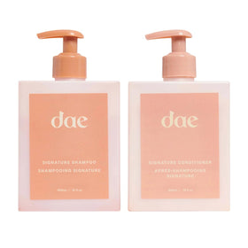 DAE front packaging showing shampoo and conditioner, conveys complete care