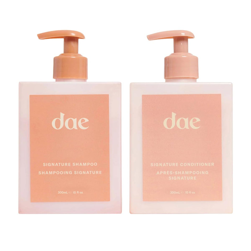 DAE front packaging showing shampoo and conditioner, conveys complete care