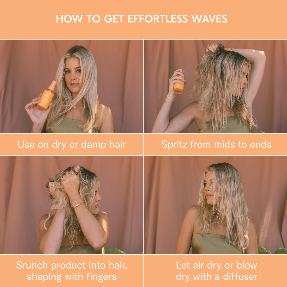 Model using DAE spray on damp hair showing effortless waves and styling benefit