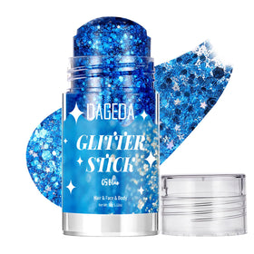DAGEDA blue glitter stick front view showing compact shimmer for easy application