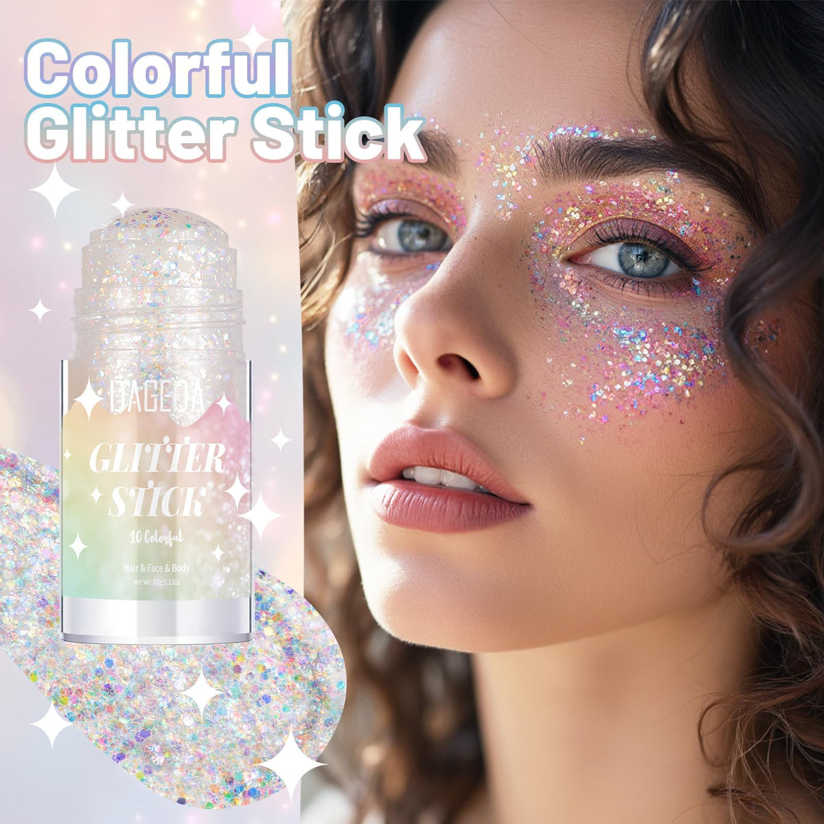DAGEDA close-up of holographic glitter texture highlighting multishape sparkle