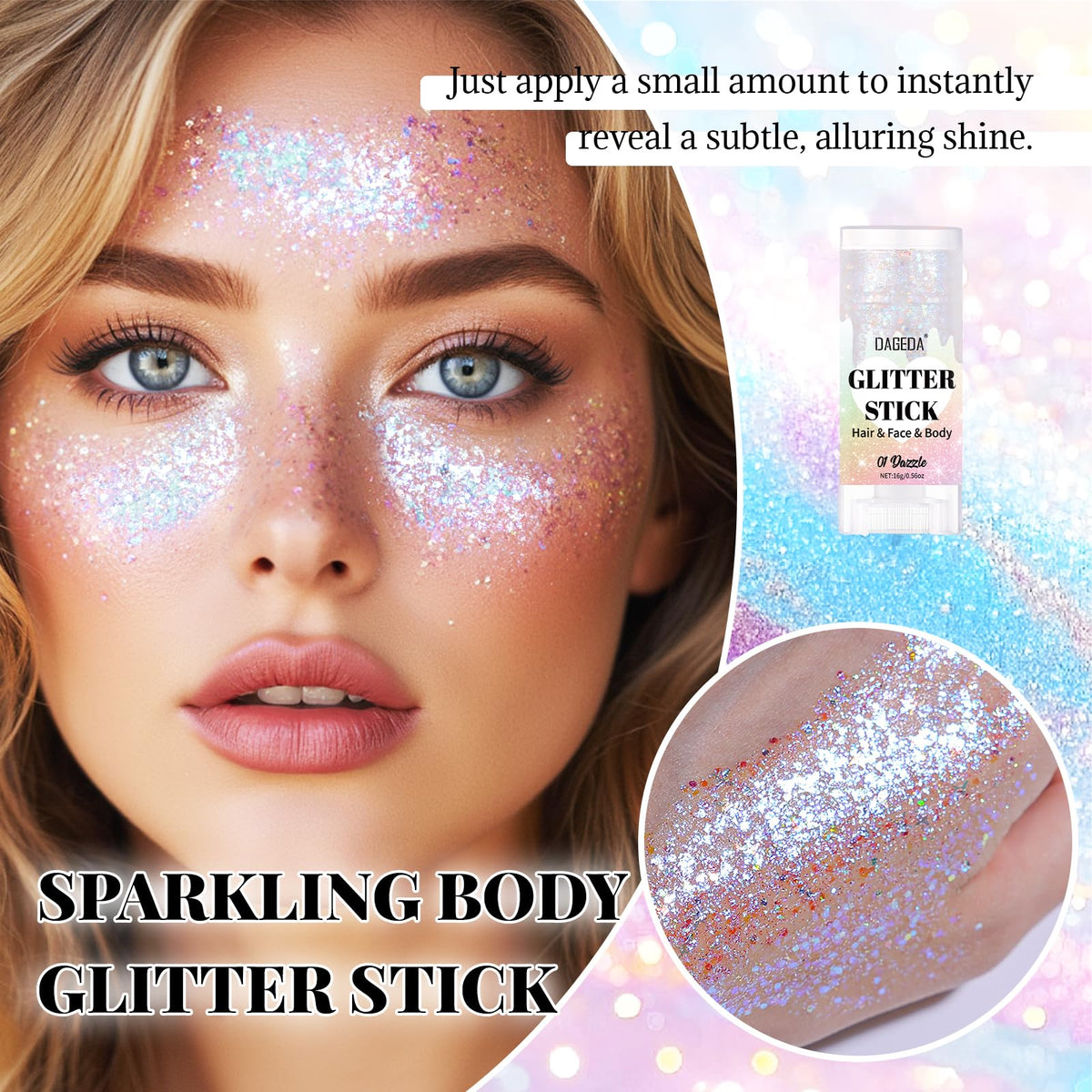 DAGEDA stick open to show gel texture and chunky holographic sparkle benefit
