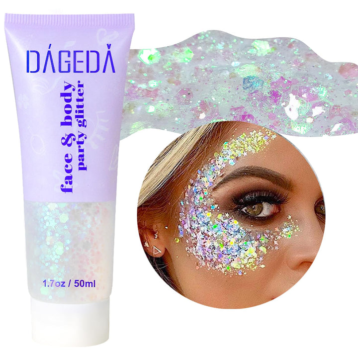 DAGEDA front jar showing holographic glitter gel and clear label, highlights product shine