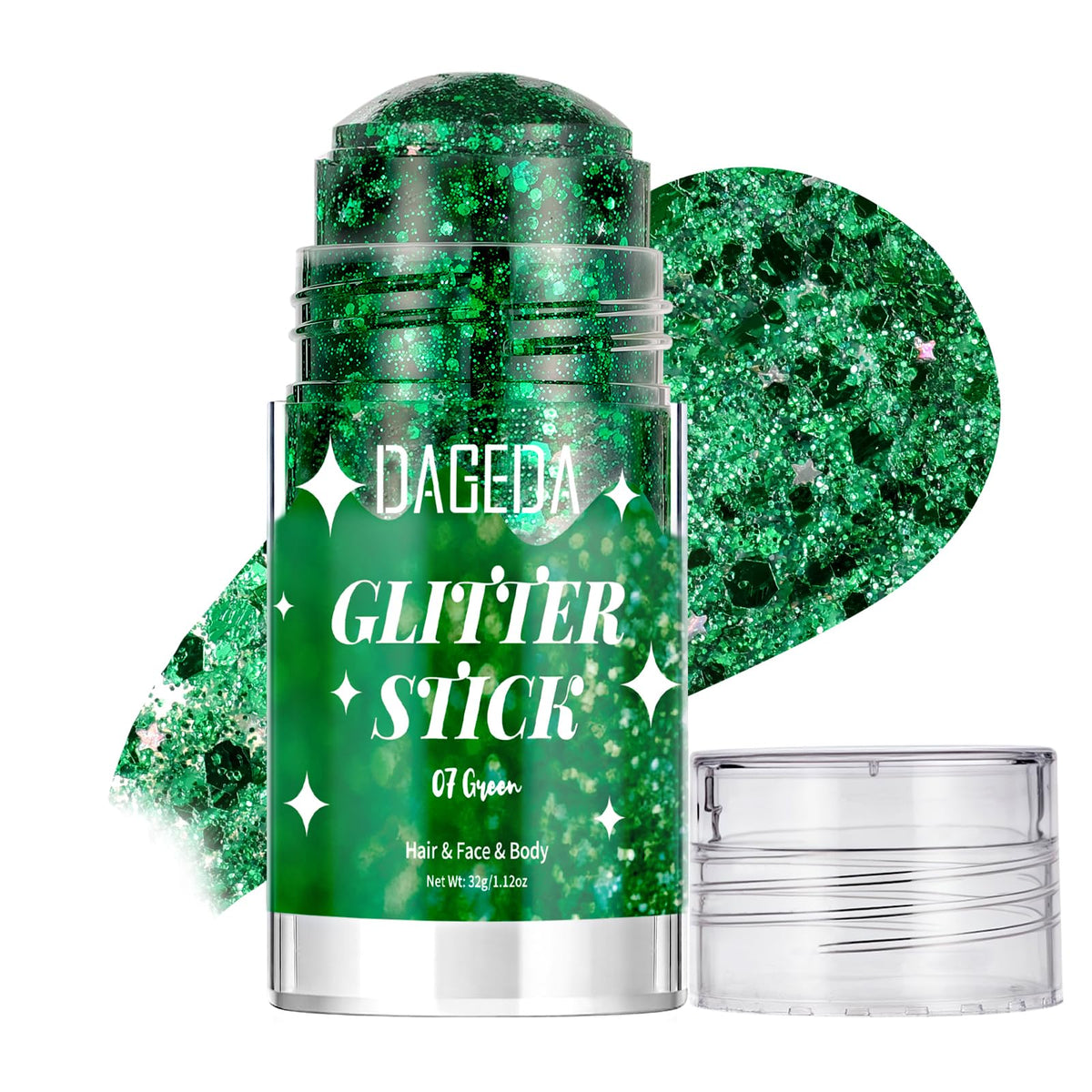 DAGEDA front packaging showing green glitter stick and benefits