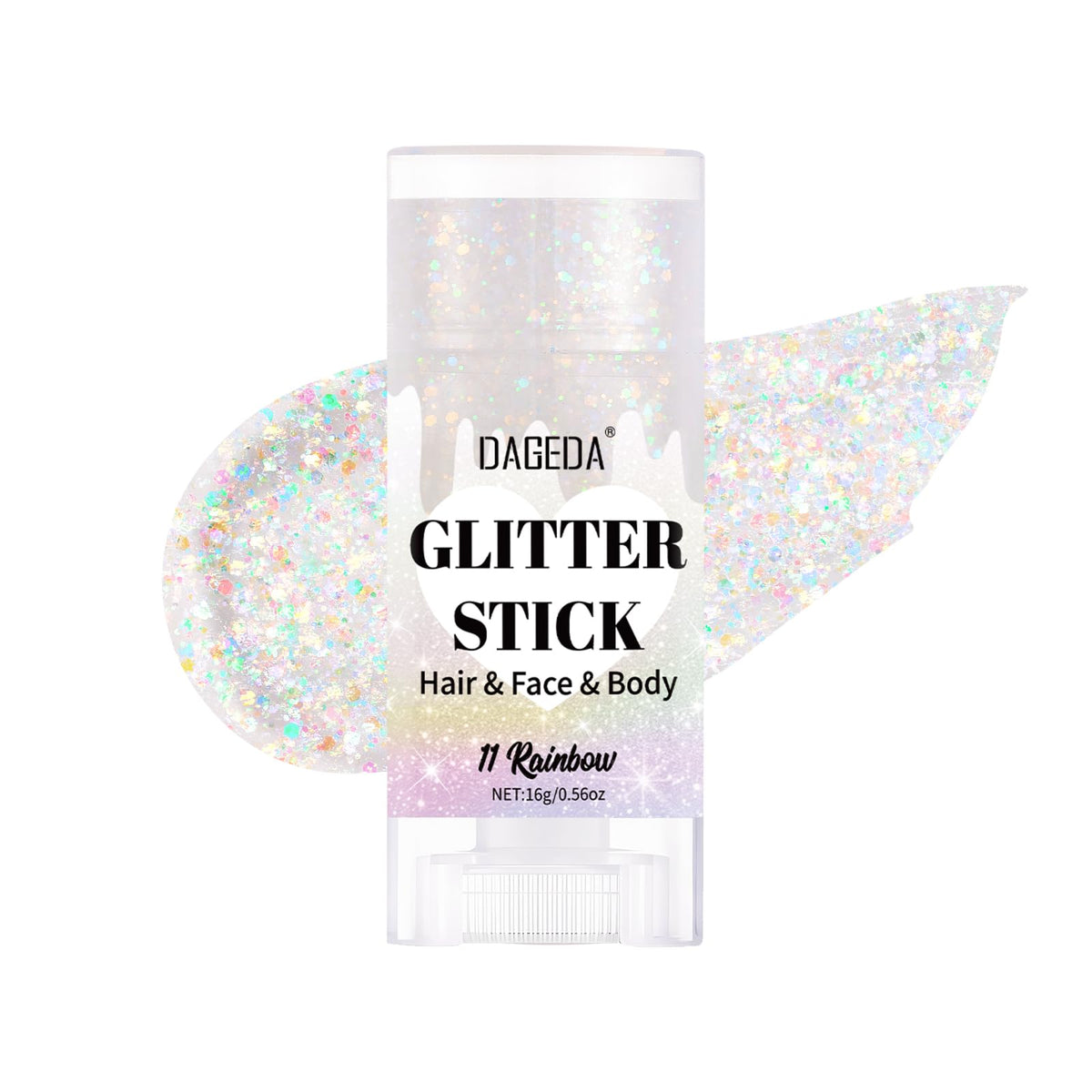 DAGEDA front packaging showing glitter stick and shade label for easy selection